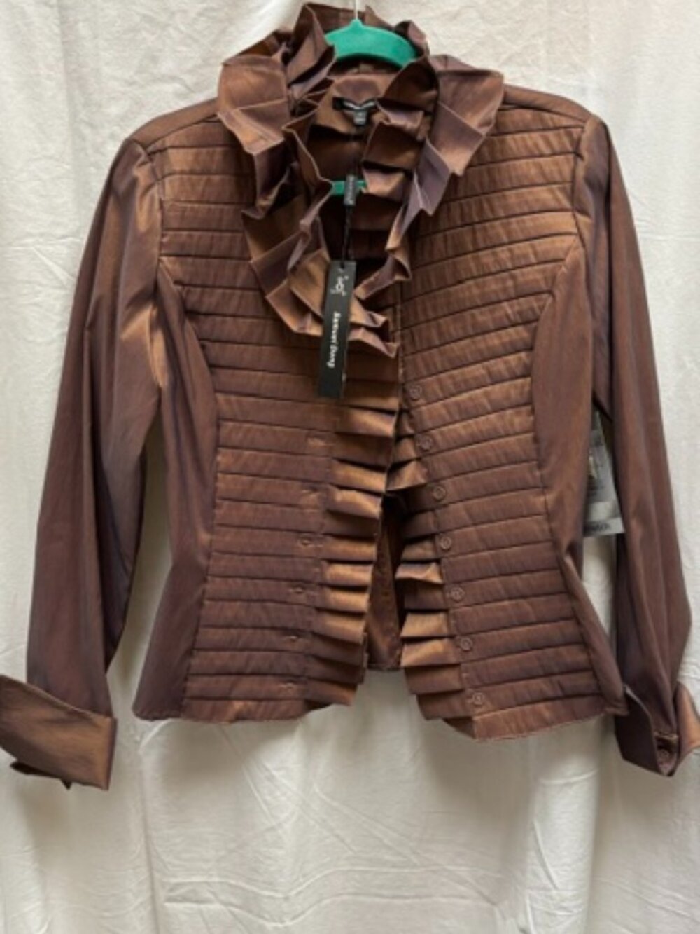 NWT! Samuel Dong Copper Brown Ruffle Statement Blouse. Size S.